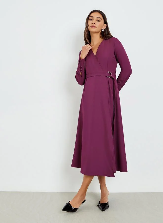Styli Women Purple Long Sleeves Wrap Midi Dress